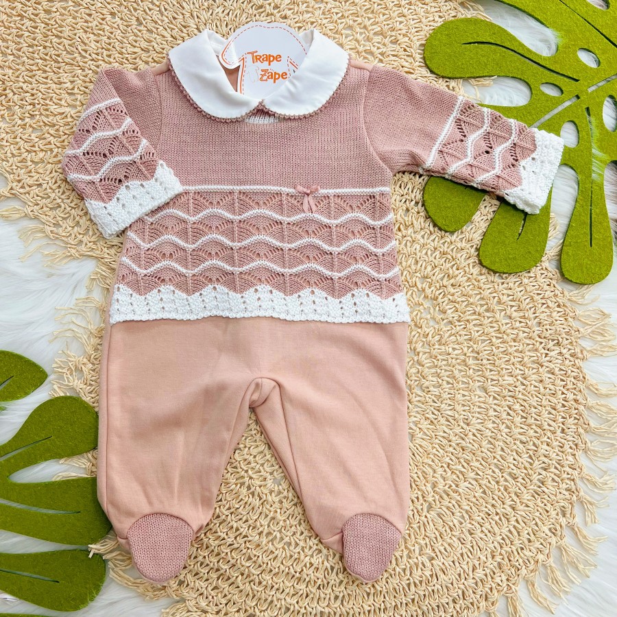 Macacão Beth Bebê de malha com tricot Ondulações - Rose 